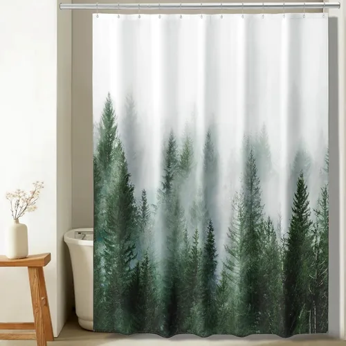 Miniatura 13 de ORTIGIA 36x72 Cortina de ducha de bosque nebuloso para baño pequeño, cortina de ducha estrecha de naturaleza y bosque en blanco y negro con ganchos