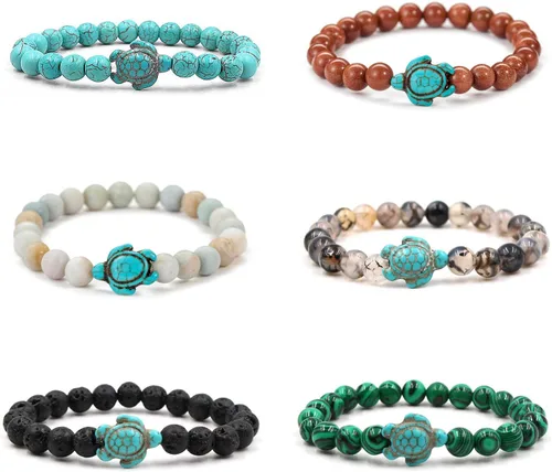 Pulseras de tortuga marina oceánica, joyería de playa para mujeres y hombres, 0.315 pulgadas (0.315 in) de piedra natural, pulsera elástica de