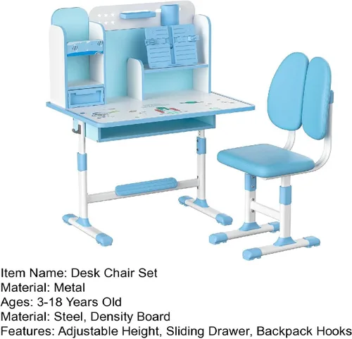 Miniatura 8 de Juego de escritorio y silla para niños, juego de mesa y silla de estudio para adolescentes, escritorio ergonómico para niños y estudiantes, Azul
