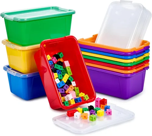 GAMENOTE Contenedores de almacenamiento de plástico de colores con tapas, contenedores apilables para aula, organizador de almacenamiento de Colorido