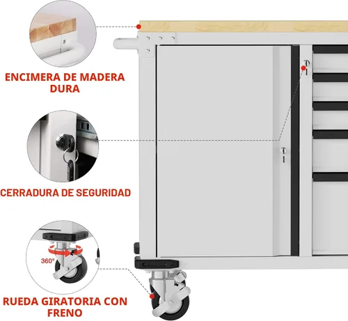 Miniatura 6 de WORKPRO Cofre de herramientas rodante de 52 x 20 pulgadas, con 5 cajones y 1 puerta, baúl de herramientas resistente con ruedas, regleta de Madera