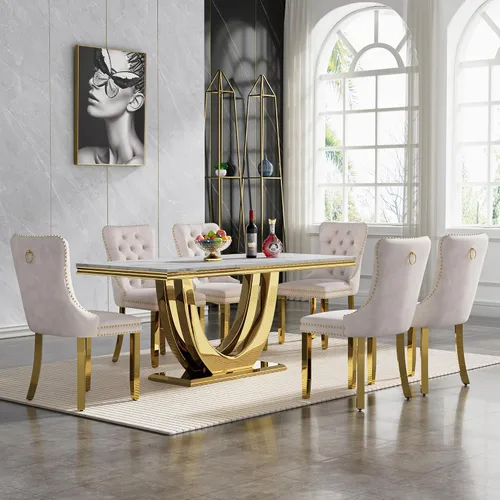 Miniatura 29 de Juego de mesa de comedor de mármol sintético, 7 piezas, juego de mesa de cocina y comedor para 6, mesa de comedor rectangular blanca de 70 pulgadas