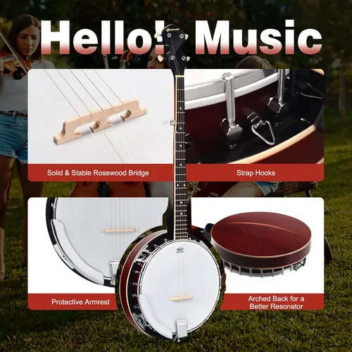 Miniatura 2 de Costzon Banjo de 5 cuerdas 24 soporte con 5º sintonizador engranado y mango cerrado de rango medio, kit para principiantes con bolsa de tela Oxford