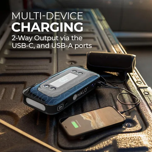 Miniatura 5 de HALO Bolt Air+ 1750 - Arrancador de batería portátil para automóvil Compresor de aire de 130 PSI, banco de energía USB de 59.9 Wh, pantalla Azul