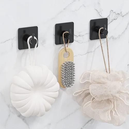 Miniatura 7 de Paquete de 4 ganchos adhesivos, gancho negro para toallas para baños, gancho de pared de acero inoxidable resistente, gancho impermeable para colgar