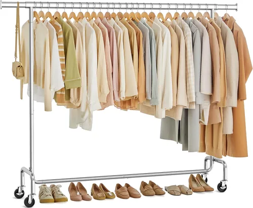 Miniatura 7 de SONGMICS Perchero con ruedas, estante de ropa resistente con varilla colgante extensible, capacidad de carga de 286.6 lb, 17.7 x (43.3-59.1) x 64.1