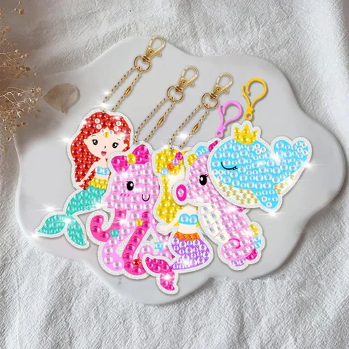 Miniatura 5 de CAYUDEN Llaveros de pintura artística de diamante, 15 piezas de llaveros de diamantes 5D para niños, llavero de pintura de diamante de sirena