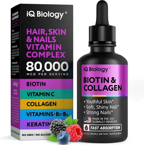 IQ BIOLOGY Biotina líquida para el crecimiento del cabello, la piel y las uñas, vitaminas para el cabello, biotina de 5000 mcg, colágeno, queratina