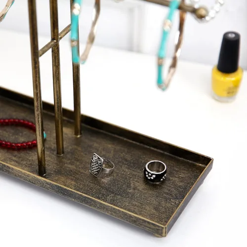 Miniatura 4 de MyGift Moderno organizador de joyas, 3 niveles de latón de metal para mesa, pulsera y collar, almacenamiento de joyas, estante para árbol