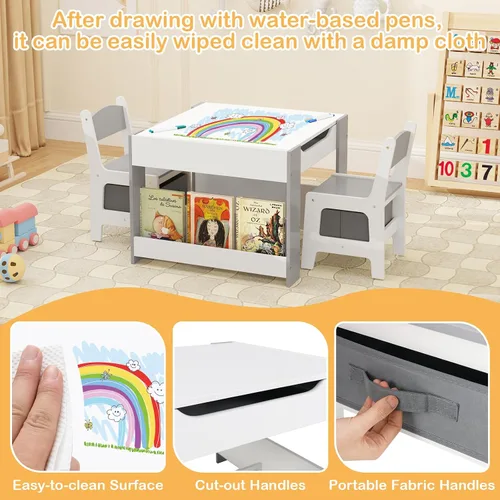 Miniatura 5 de HONEY JOY Mesa y sillas para niños, juego de actividades de madera 4 en 1 para niños con libreros dobles, almacenamiento, tablero desmontable