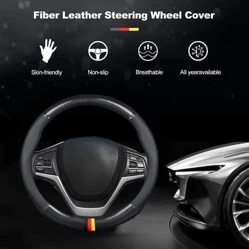 Miniatura 4 de Ergocar Funda para volante de auto Sport de fibra de carbono y cuero PU antideslizante - Protector universal para volante de auto de 38 cm (15")
