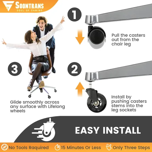 Miniatura 3 de Soontrans Ruedas para silla de oficina, juego de 5, ruedas de repuesto para sillas de juegos de oficina, ruedas giratorias para alfombras, suelos