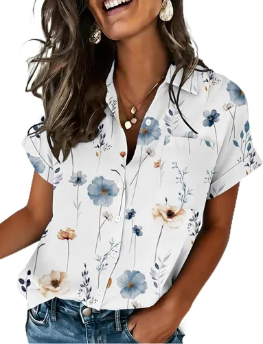 Miniatura 15 de Zeagoo Camisa de manga corta con botones para mujer, cuello en V, elegante, casual, para negocios, trabajo, con bolsillo, S-XXL