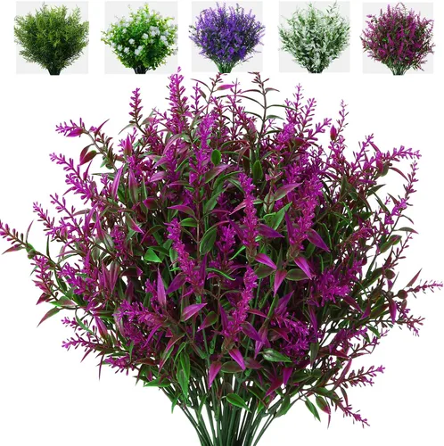 XLFAQXM - 8 paquetes de plantas artificiales, flores, hierba, arbustos, lavanda, sin decoloración, flores de plástico sintético al aire libre para 7#
