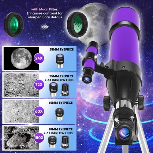Miniatura 3 de Telescopio, telescopio para adultos y niños y principiantes de astronomía, apertura de 80 mm, longitud focal de 600 mm, telescopio refractor