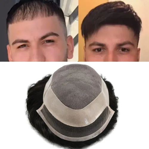 Miniatura 8 de Tupé para hombre, prótesis de cabello fino y duradero, sistemas de reemplazo de cabello humano para hombres, aspecto natural, pieza de pelo