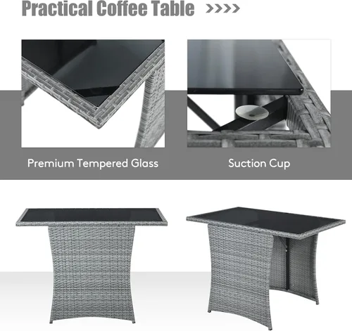 Miniatura 9 de Tangkula Patiojoy - Juego de comedor de 3 piezas de ratán PE que ahorra espacio, con mesa superior de vidrio templado y sillas acolchadas, juego