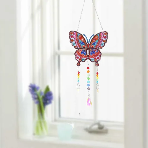 Miniatura 6 de Campanillas de viento de animales con pintura de diamantes 5D, kits de pintura de diamante de mariposa por números, colgante con cadena