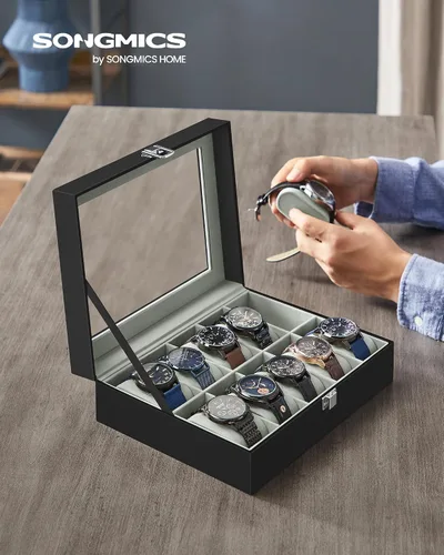 Miniatura 2 de SONGMICS Caja de reloj, caja de reloj de 10 ranuras con tapa de vidrio grande, almohadas extraíbles para reloj, organizador de caja de reloj, regalo
