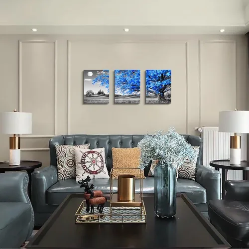 Miniatura 5 de Arte de pared para sala de estar, blanco y negro, árbol azul, luna, lienzo para decoración de pared para el hogar, obra de arte enorme, pintura
