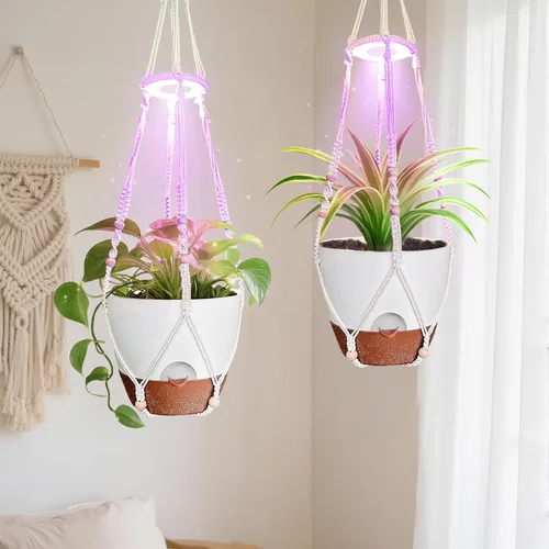 Miniatura 11 de Macetas colgantes para plantas de interior: paquete de 2 perchas de macramé con luces de cultivo y macetas de riego automático, macetas colgantes