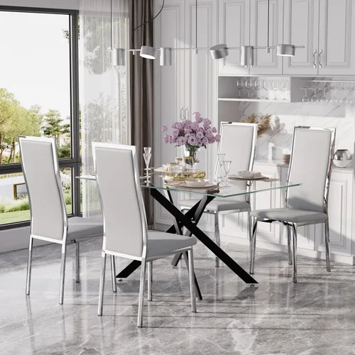 Miniatura 17 de Juego de mesa de comedor de cristal dorado moderno de 63 pulgadas para 6, juego de mesa de cocina rectangular de 7 piezas con patas de acero Negro