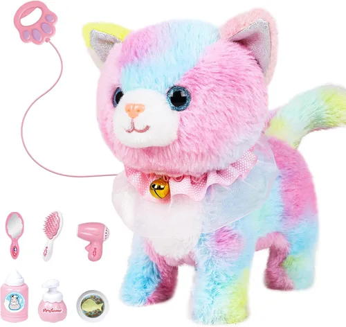Miniatura 9 de Jimate Juguete electrónico interactivo de peluche robot que camina y ladra, gato de peluche con control remoto para niñas (gato blanco)
