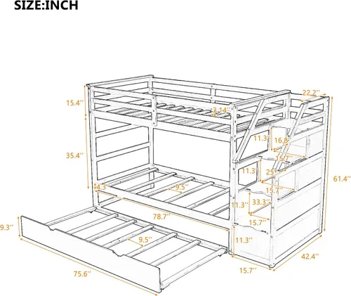 Miniatura 2 de Litera individual sobre individual con nido de tamaño individual y 3 escaleras de almacenamiento, base de cama de madera con barandilla de seguridad