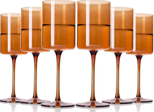 Juego de 6 copas de vino ámbar de 14 onzas sopladas a mano cuadradas de color con tallos altos y largos, juego moderno para todas las ocasiones