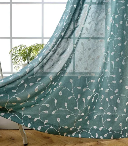 Miniatura 13 de Miuco - Cortinas con ojales de lino sintético, semitransparentes, bordadas con flores, para sala de estar Blanco puro
