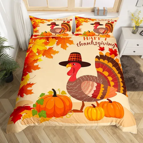 Miniatura 8 de Manfei Juego de funda de edredón de calabazas de otoño, tamaño individual, juego de ropa de cama floral de hojas verdes, 2 piezas para decoración