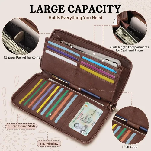 Miniatura 3 de APHISON Billetera para mujer, gran capacidad, monedero, tarjetero, RFID, pulsera, teléfono, cremallera, moneda, bolsillo de viaje