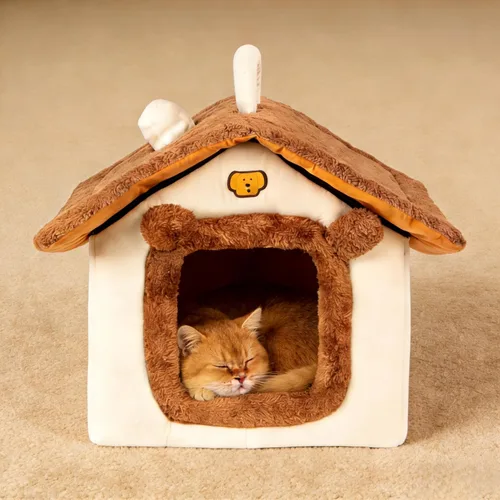 Cama para gatos de interior, cama tipo cueva de gato con diseño de dibujos animados, diseño de mango, escondite suave para interiores, bonita casa