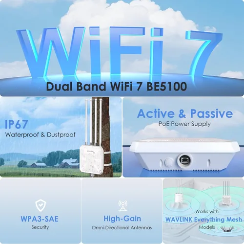 Miniatura 3 de WAVLINK Extensor WiFi 7 BE5100 para exteriores, repetidor WiFi de largo alcance para exteriores de doble banda, punto de acceso, enrutador de malla