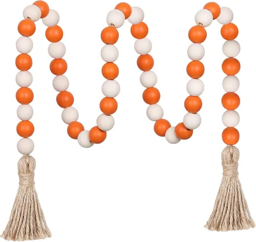 Miniatura 9 de Guirnalda de cuentas de madera de Navidad, cuentas de granja de 39 pulgadas con borlas, bandeja escalonada, decoración para colgar en la pared