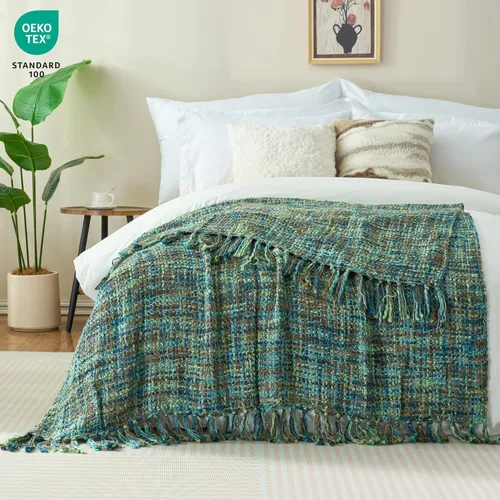 Miniatura 2 de Manta Throw de Punto de Cable Verde Multicolor para Sofá, 50"X60" Manta Texturizada Estilo Bohemio para Decoración del Hogar, Manta de Punto Grueso