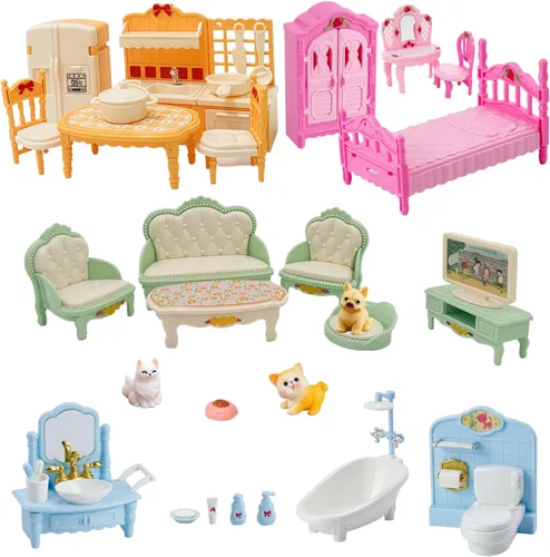Miniatura 8 de Casa de muñecas, con sala de estar, dormitorio, baño, muebles de cocina, casa de muñecas de doble cara con 1 muñeca, 3 juegos de ropa, luces