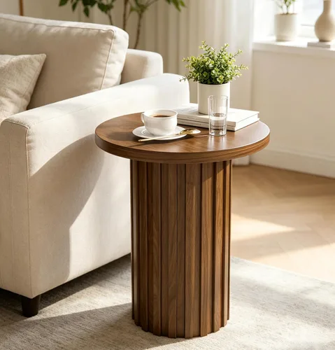 Fsbecl Mesa auxiliar de pedestal de granja, mesa auxiliar redonda con panel estriado, mesa rústica para bebidas para sala de estar de espacio