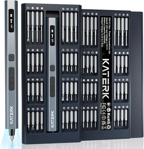 KATERK Juego de destornilladores de precisión de 64 puntas, mini juego de destornilladores eléctricos, destornillador inalámbrico pequeño con luz