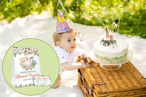 Miniatura 4 de How Many Animal Crackers Are In The Jar, juego de baby shower floral bohemio rosa rubor, decoración de baby shower de animales de la selva safari