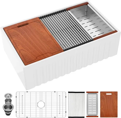 Miniatura 18 de Lordear Fregadero de Cocina Estilo Granja de 36 Pulgadas Blanco de Arcilla Refractaria Porcelana Cerámica Tazón Único Frente de Delantal Fregadero