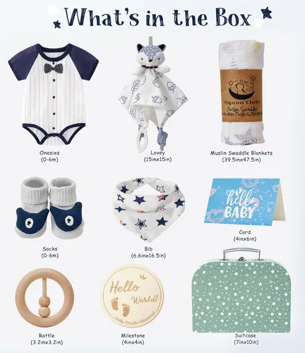 Miniatura 5 de Golray Regalos para baby shower, 9 piezas esenciales para recién nacidos con zorro amoroso/manta/mameluco/sonajero