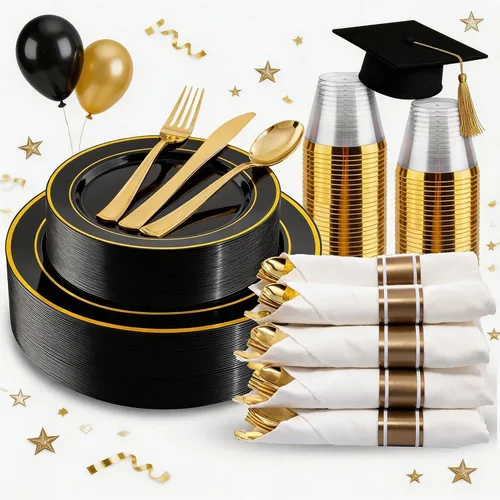 Miniatura 30 de 350 piezas de platos de plástico negro y dorado con cubiertos desechables, incluye 50 platos de cena de 9 pulgadas, 50 platos de postre de 6.3