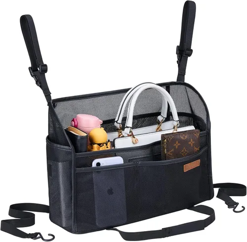 Miniatura 9 de WLLWOO WLLWOO Soporte de red para bolso de mano entre los asientos, organizador de almacenamiento trasero para consola, barrera de almacenamiento
