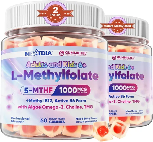 Miniatura 10 de L-metilfolato de 1000 mcg + gomitas de metilo B12 para niños y adultos – Activo 5-MTHF, con Omega-3 DHA y EPA (3:1), colina y TMG, B6, apoya el gen