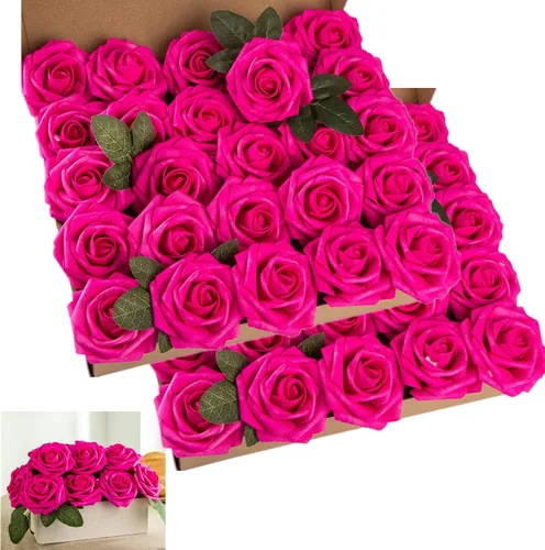 50 rosas artificiales de espuma de color rosa intenso, rosas falsas de aspecto real con tallos y hojas para decoración del hogar, fiestas, jardín,