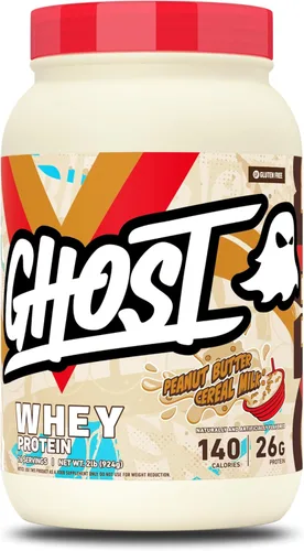 GHOST Proteína de suero en polvo, leche de cereales de mantequilla de maní - 2 libras, 26G de proteína - Mezcla de proteína de suero - Batidos de