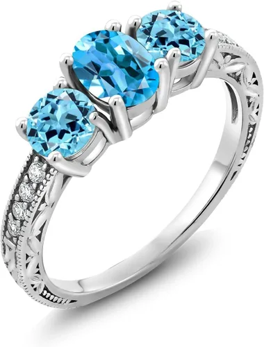 Miniatura 26 de Gem Stone King Anillo de compromiso de 3 piedras preciosas de oro blanco de 10 quilates con piedra natal y diamantes cultivados en laboratorio