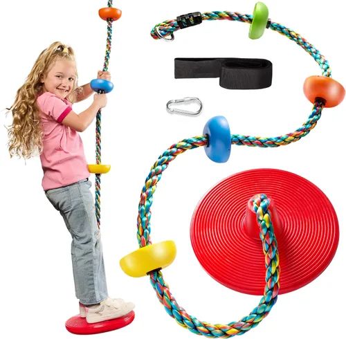 Jungle Gym Kingdom Columpio de árbol para niños, asiento de un solo disco y cuerda de escalada arcoíris con mosquetón y correa de 4 pies, accesorios