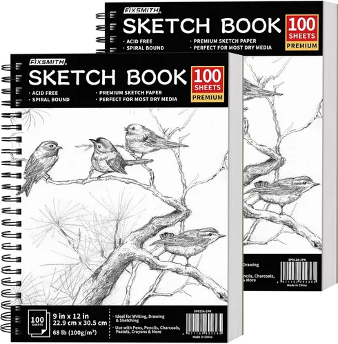 FIXSMITH Cuaderno de bocetos de 9 x 12 pulgadas, 200 hojas (68 libras/3.53 oz/m²), paquete de 2 (100 hojas cada uno), papel de dibujo sin ácidos,